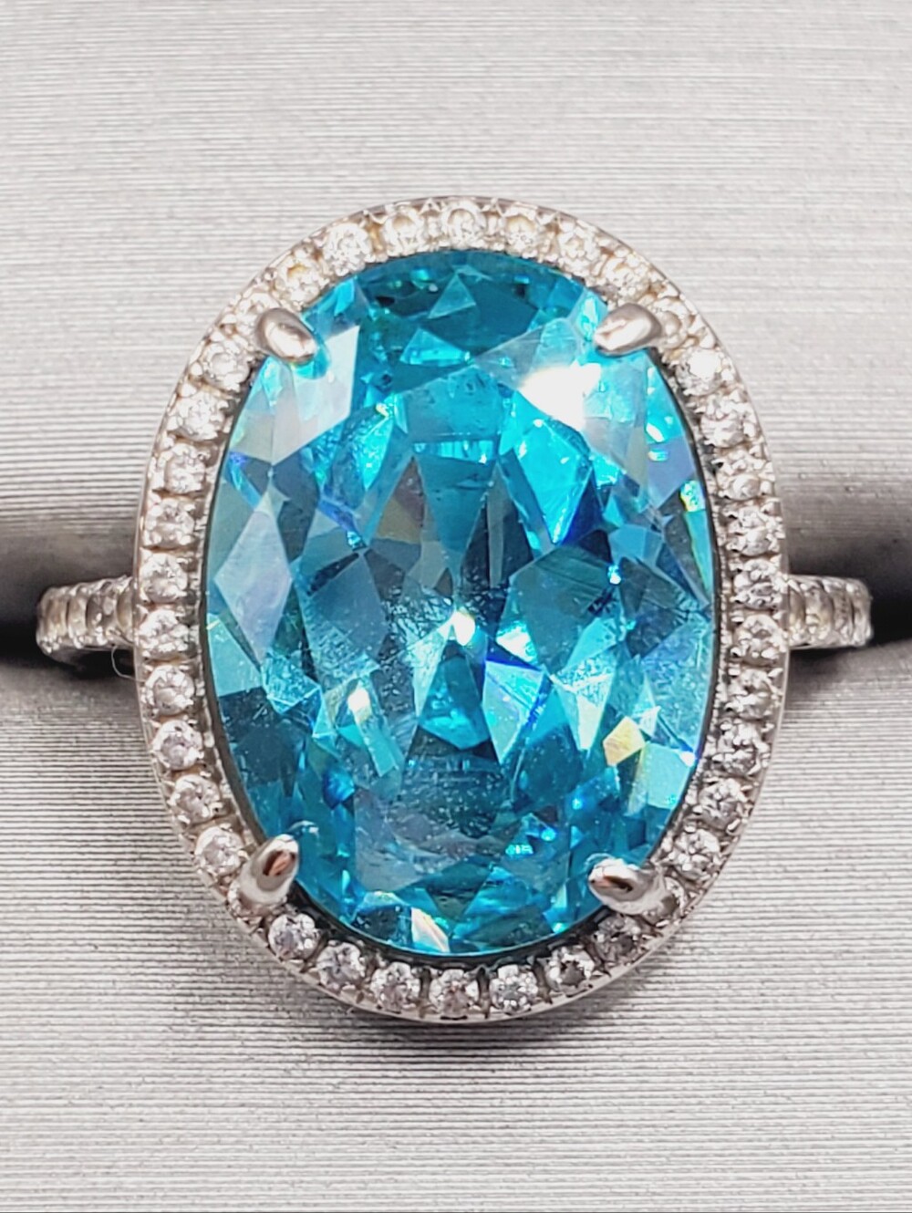 Blue Topaz Oval Halo Cocktail Ring with Pavé Accents - 925 Sterling Silver